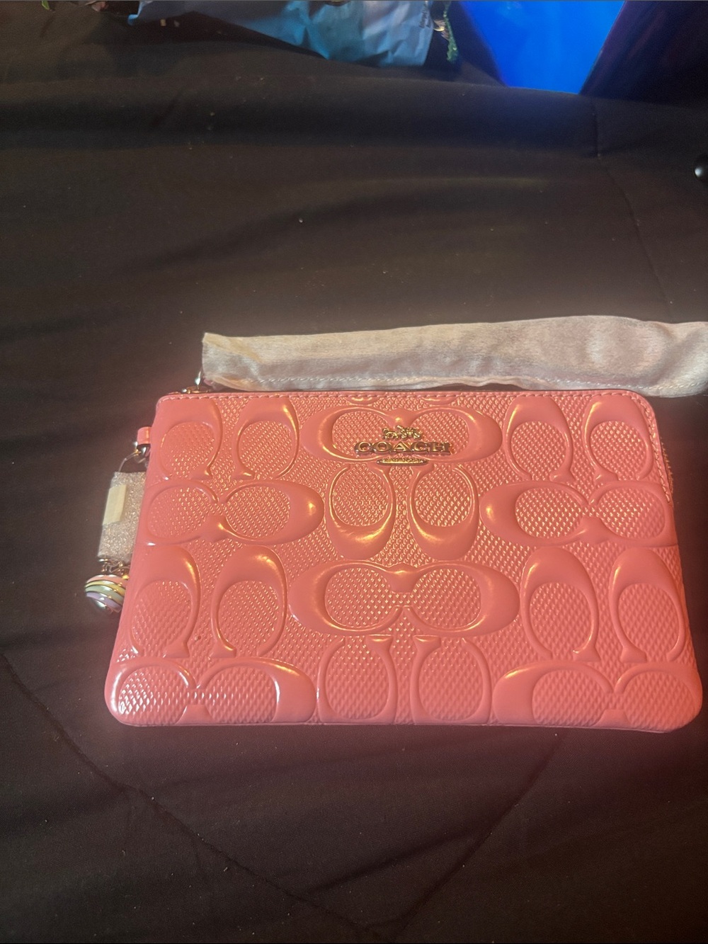 Coach Coral Patent Signature Wristlet with Gold Logo